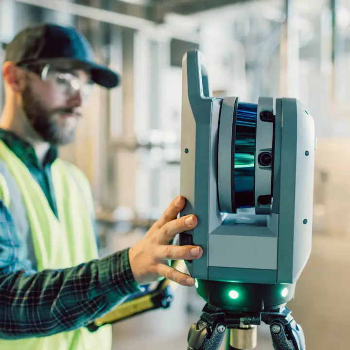 Técnico operando escáner láser Trimble X9 en escaneo 3D de interior de edifici